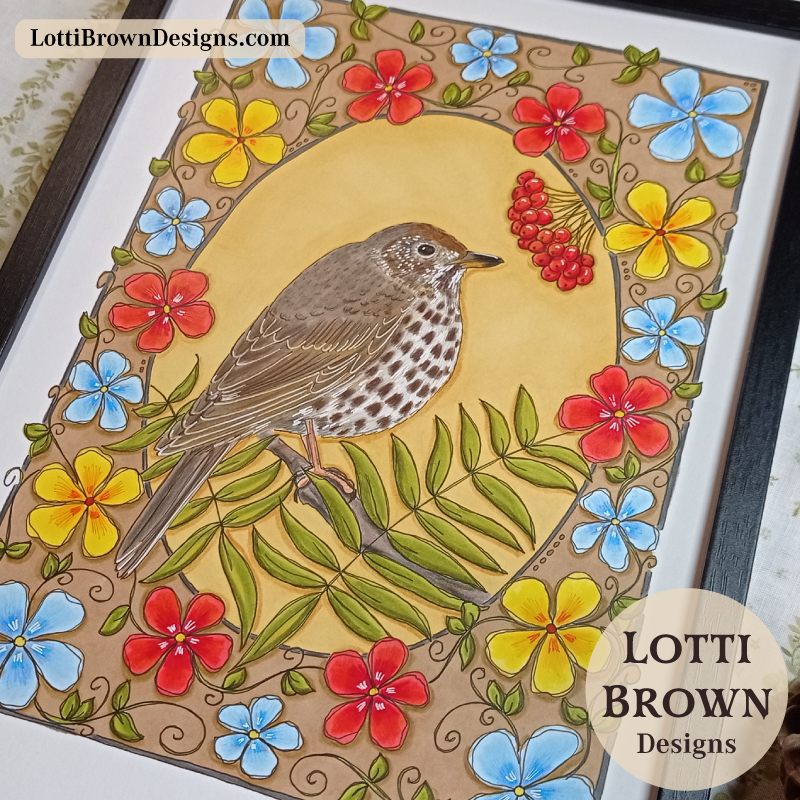 Song thrush perched among winter berries - folklore-inspired British nature artwork