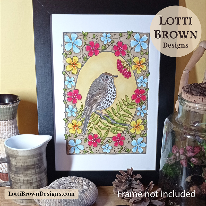 Song thrush art print displayed in a wooden frame - British nature wall decor
