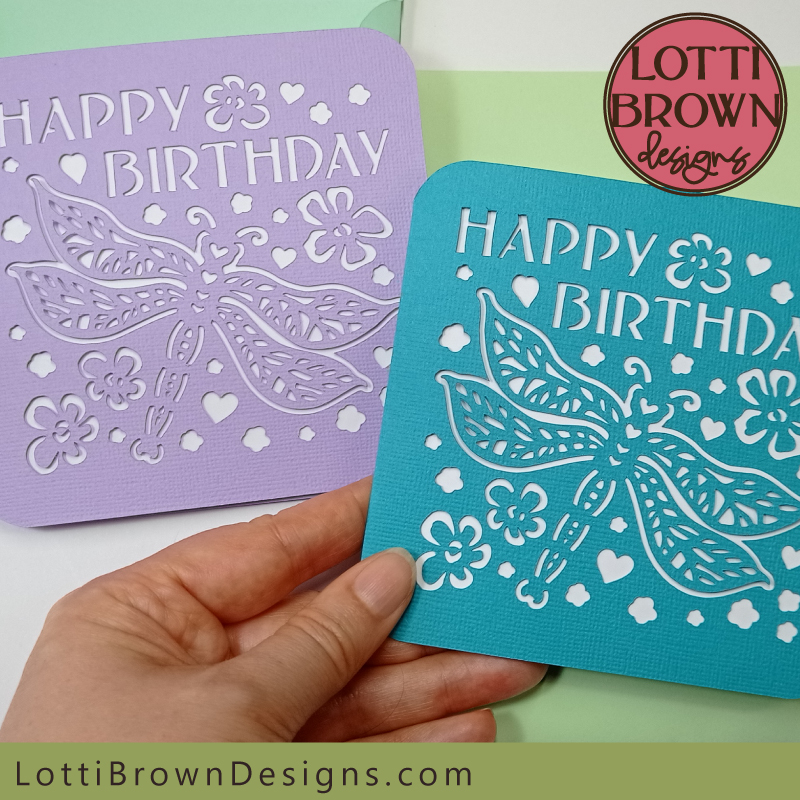 Pretty dragonfly SVG birthday card template for Cricut and similar cutting machines - gorgeous papercut design that's easy to make!