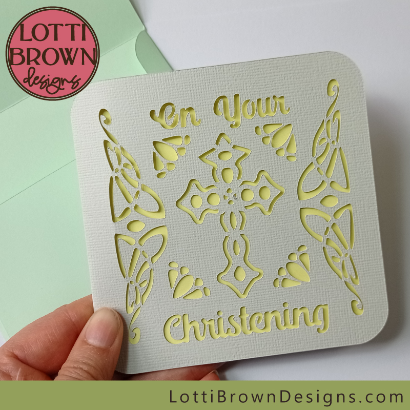 SVG template for Christening card - soft white, lemon, and green