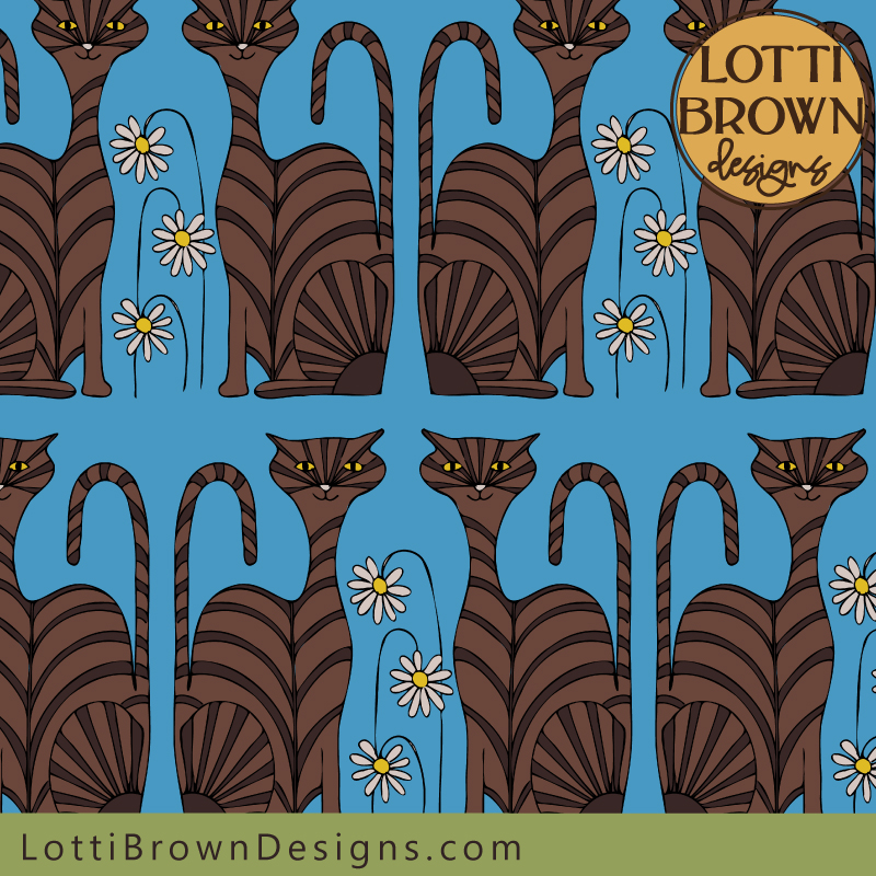Tabby cat pattern fabric blue