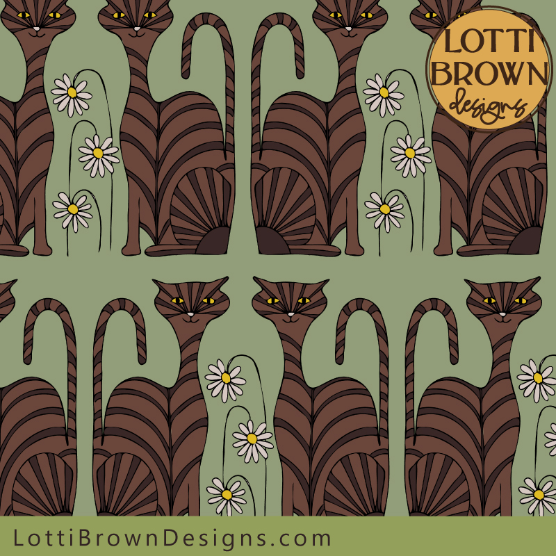 Tabby cat pattern fabric in soft green