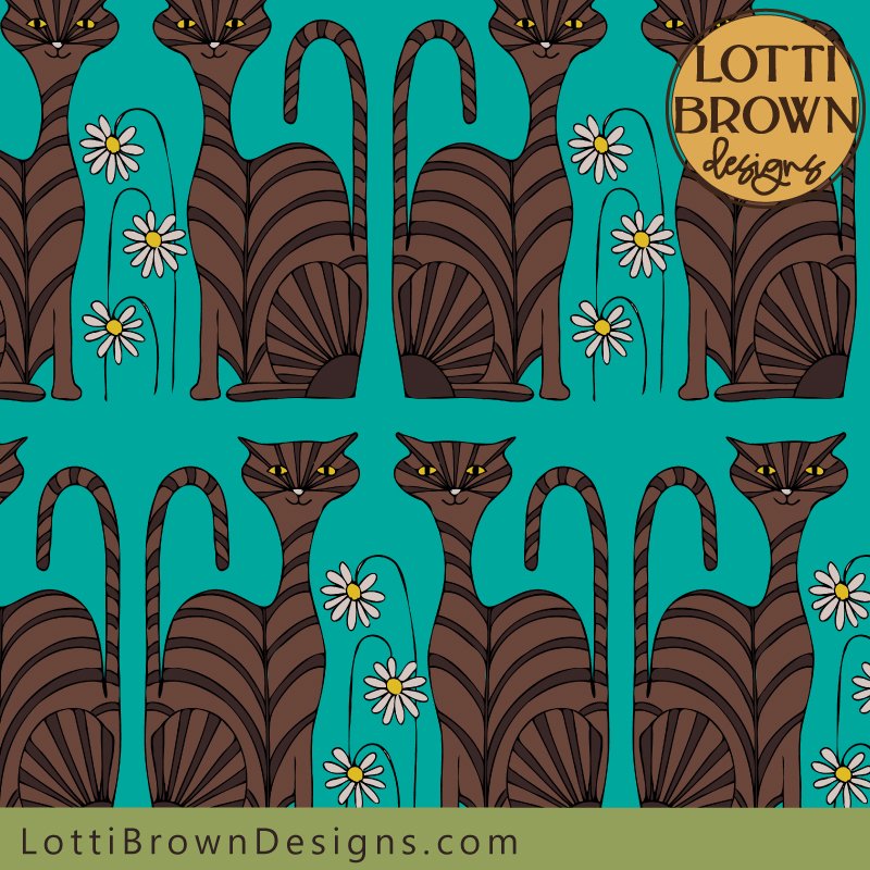 Tabby cat pattern fabric in teal