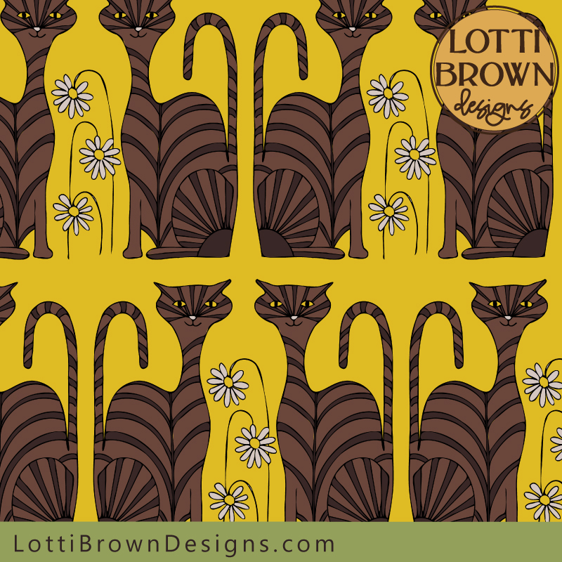 Tabby cat pattern fabric in yellow