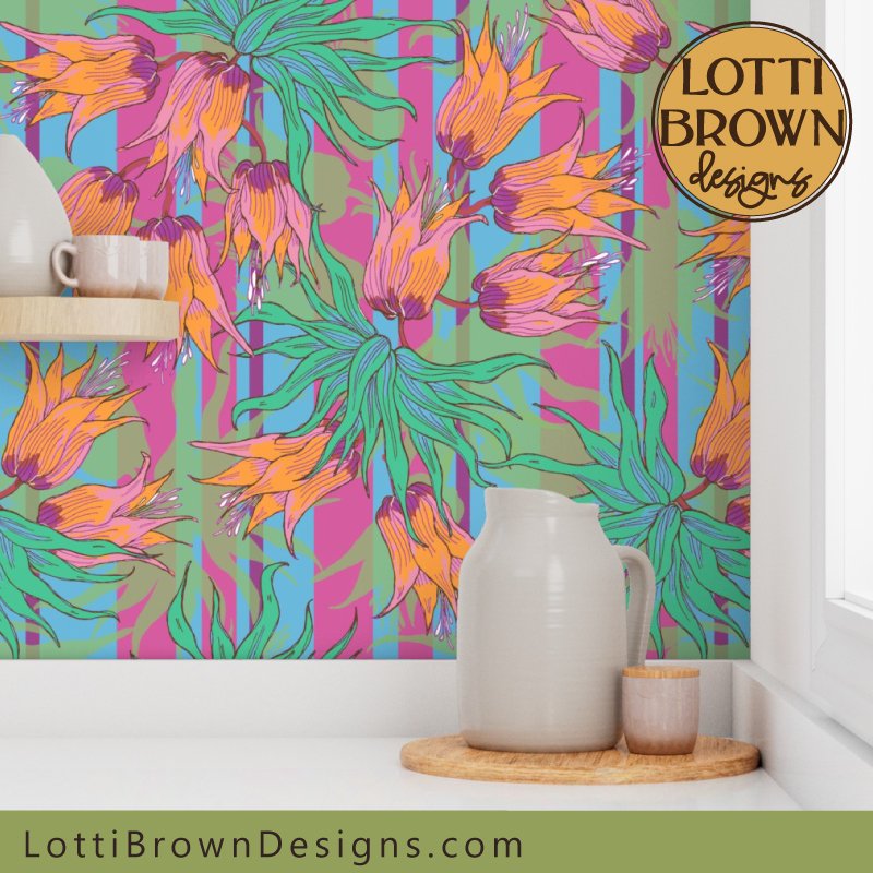 Maximalist floral wallpaper with a tropical feel