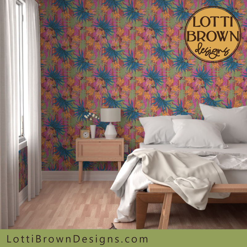 Maximalist wallpaper with floral in teal, purple and orange