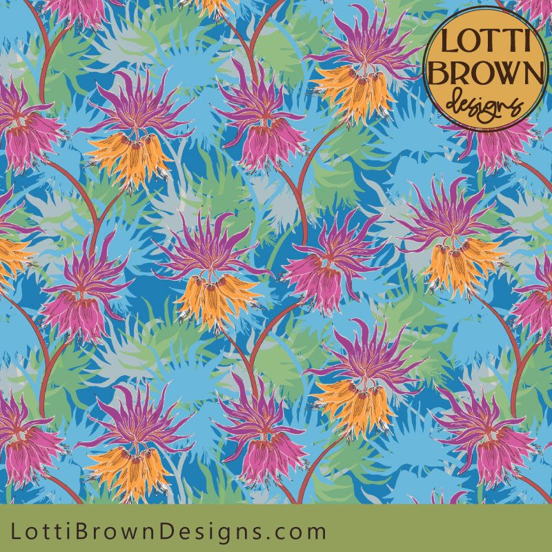 Tropical wallpaper pattern in blue, pink and orange