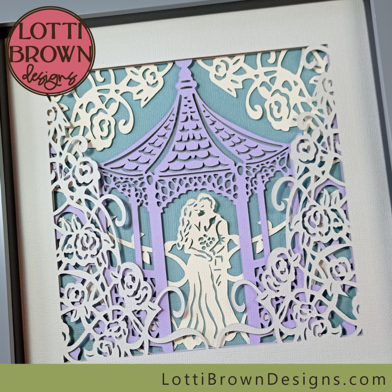 Papercut wedding shadow box in cream, lilac and green