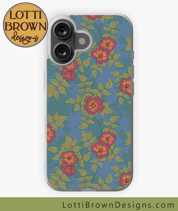 Wild rose floral phone case in blue, red and green