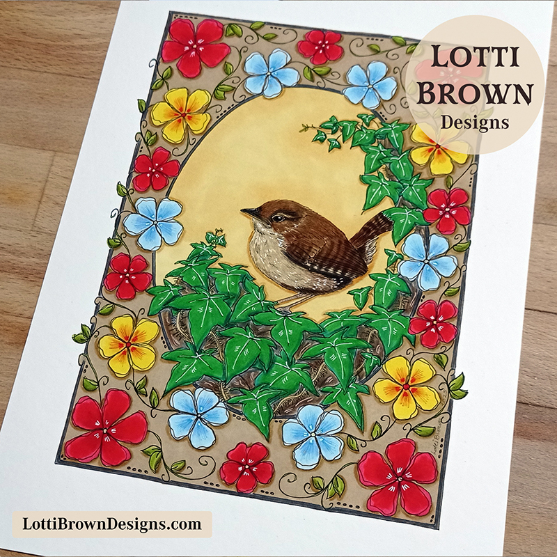Wren art print, hand-drawn illustration by Lotti Brown